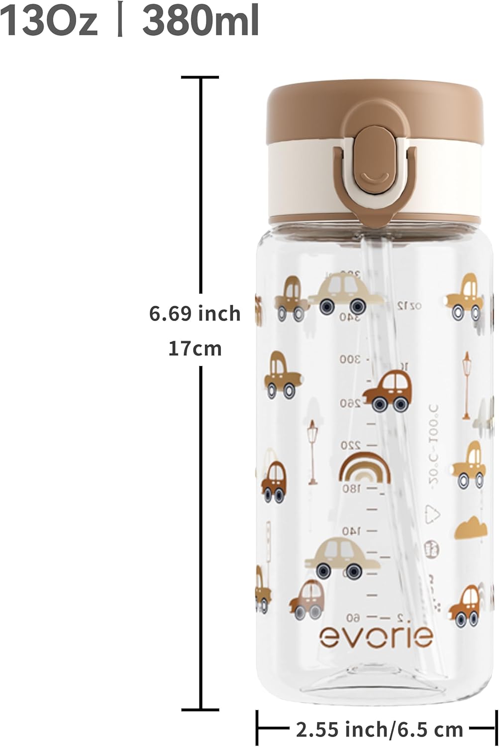 Evorie Tritan Kids Water Bottle with Straw, 13oz BPA-Free Leak Proof Drinking Bottle for School & Travel, Clear Water Bottle with Carry Strap, Dishwasher Safe, for Kids Ages 3+ (Choco Car)