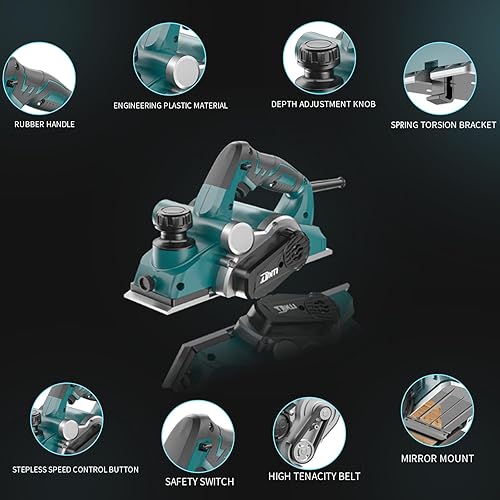 Miniatura 5 de DNTI Cepilladoras de mano eléctricas con cable de 6.6 amperios, 17000 rpm, herramienta de carpintería, cepilladora de mano para chaflán de madera,