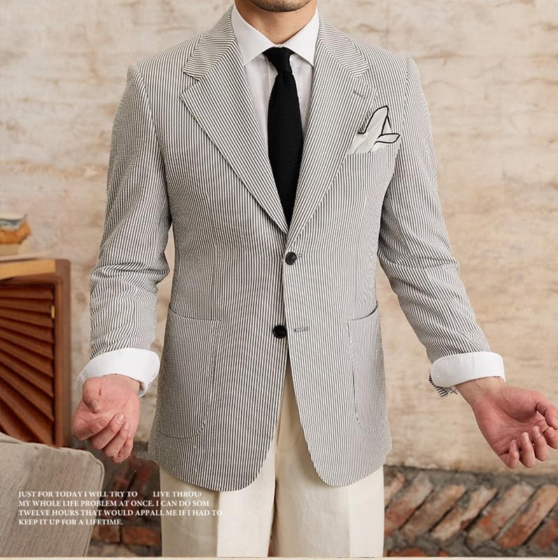 Mens Seersucker Blazer Casual Slim Fit Striped Seersucker Suit Lightweight Jacket 2 Button Blazer Sport Coat2