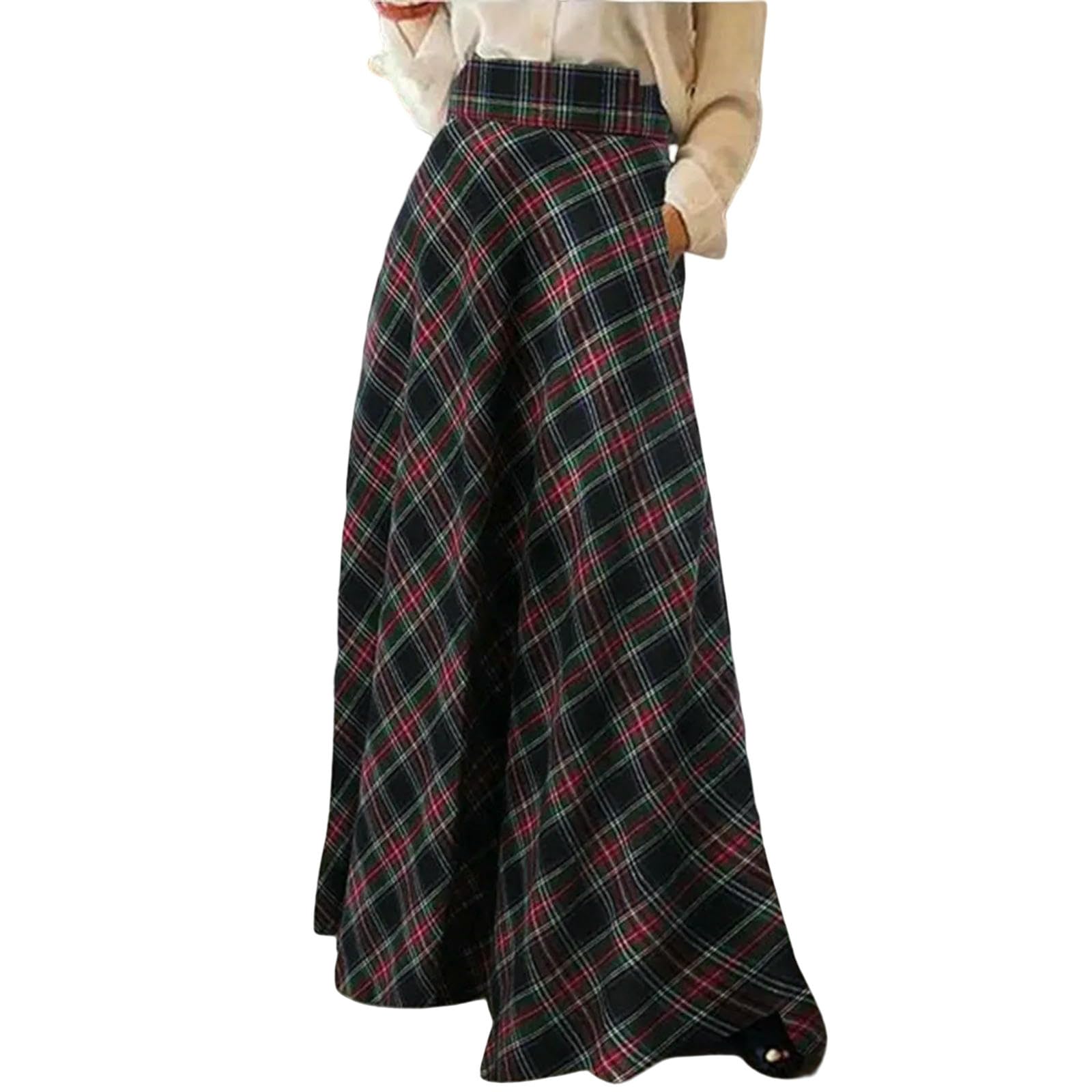 Langer Rock Damen Plus Size Vintage Plaid-röcke, Dick, Warm, Elegant, A-Linie, Rock, Lässig, Karierte Röcke-rot-XXL