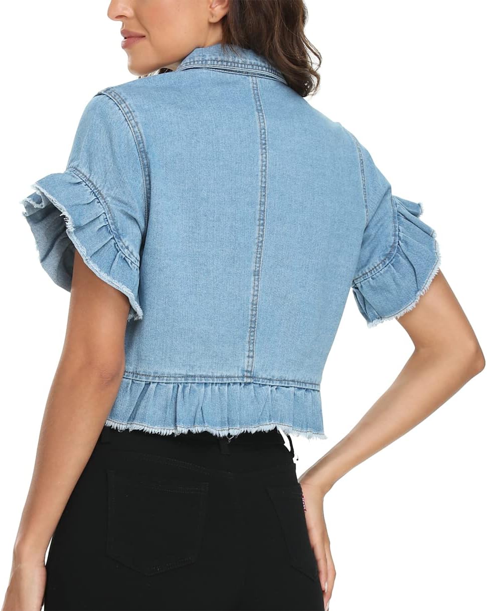 MISS MOLY Women's Denim Jacket Ruffle Sleeve Button Down Distressed Summer Cropped Jean Jackets - Image 5