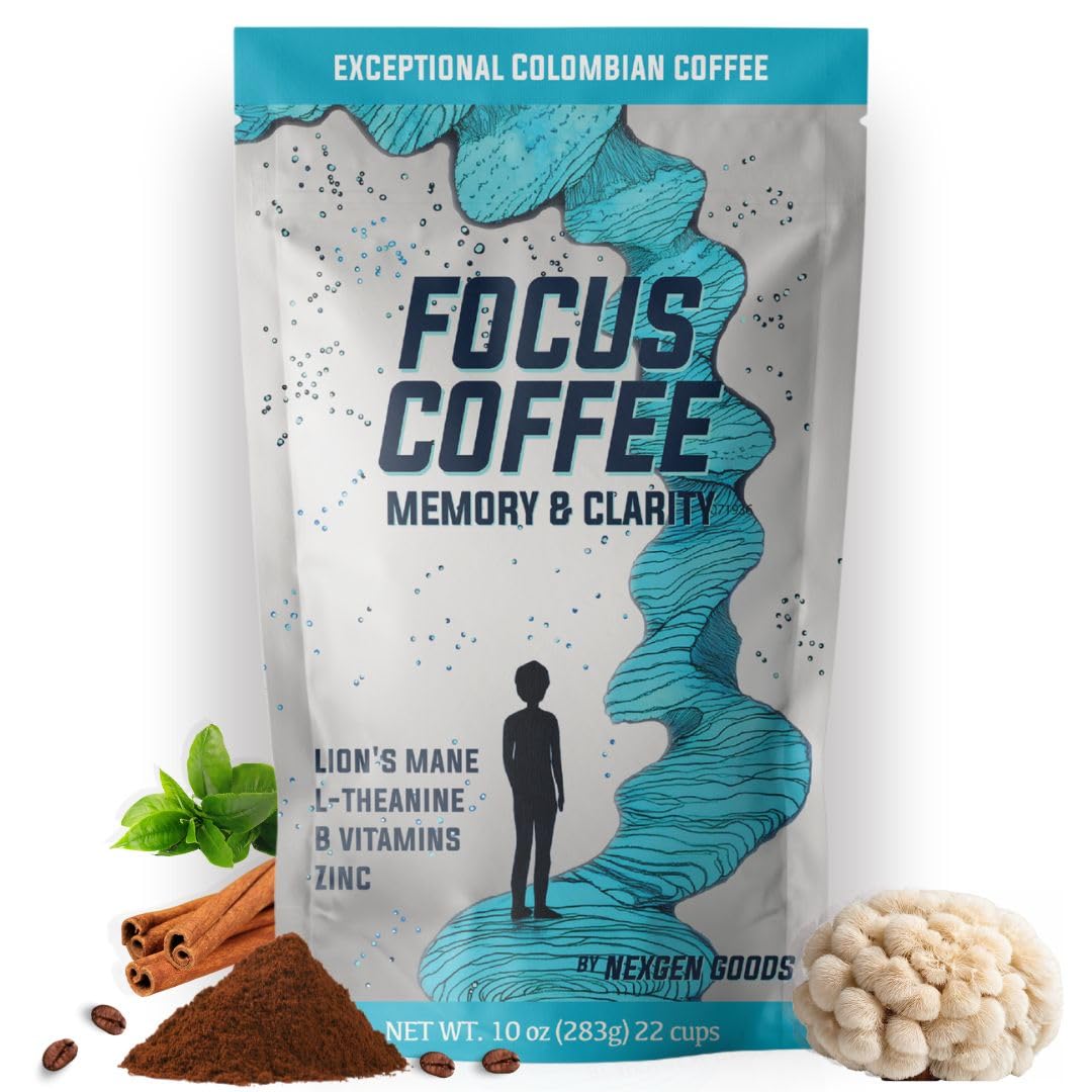 NexGen Goods Focus Coffee :Brain Boosting Nootropic Organic Mushroom Coffee with Lion’s Mane & Adaptogens – Premium Colombian Ground Coffee for Mental