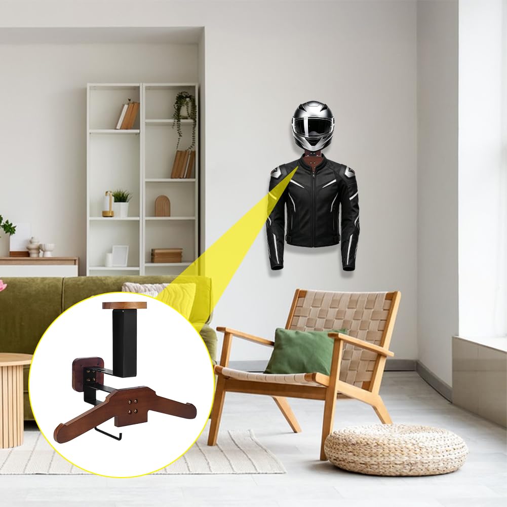 NBEADS Soporte de pared para casco de motocicleta, de hierro y madera, 322,5 x 380 x 208,5 mm, organizador de exhibición de casco resistente con gancho de engranaje para motocicleta, fútbol, esquí