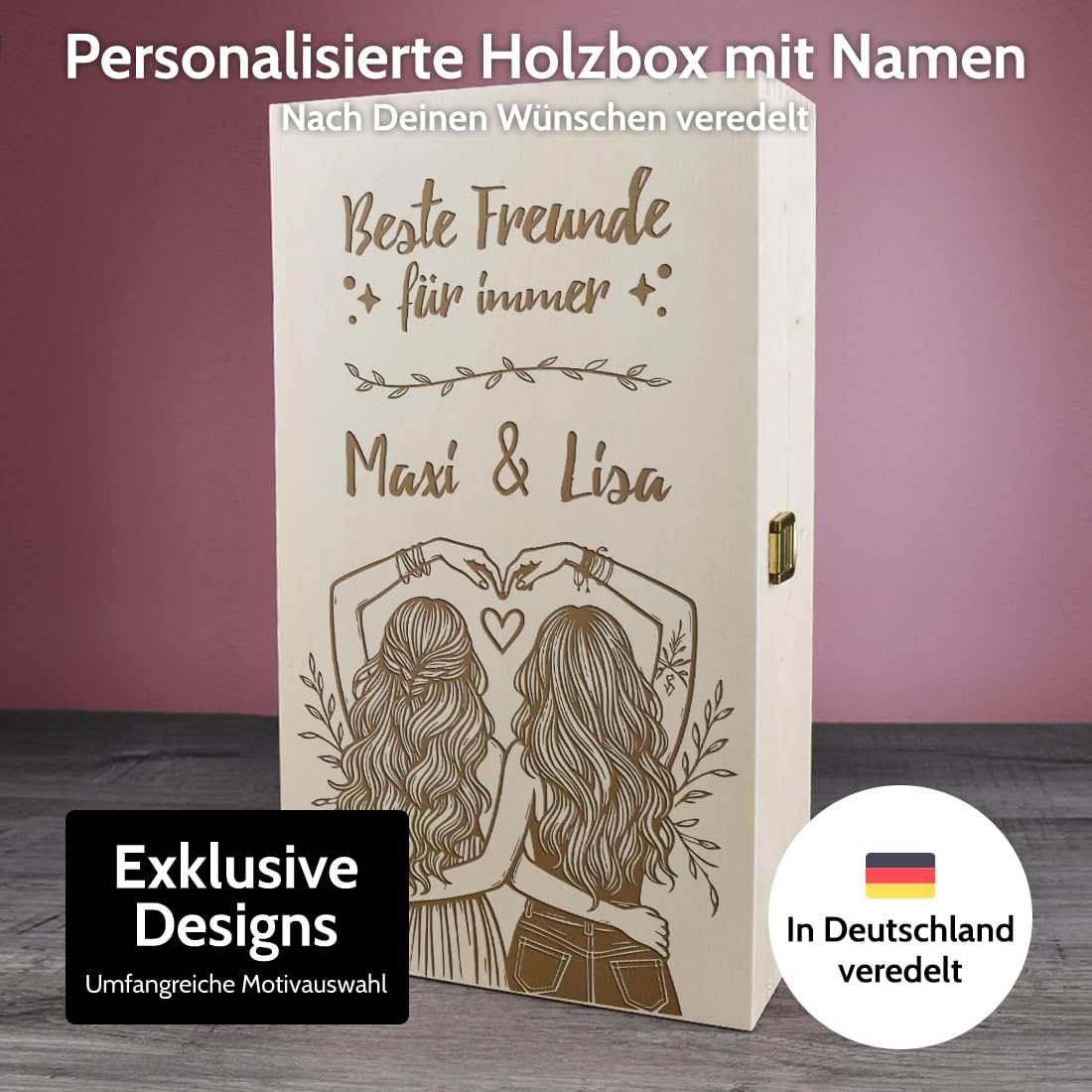 polar-effekt Sektglas 200 ml 2er-Set & Holzkiste mit personalisierter Gravur - Geschenk für die beste Freundin - ideal als Geburtstagsgeschenk - mit Geschenkbox