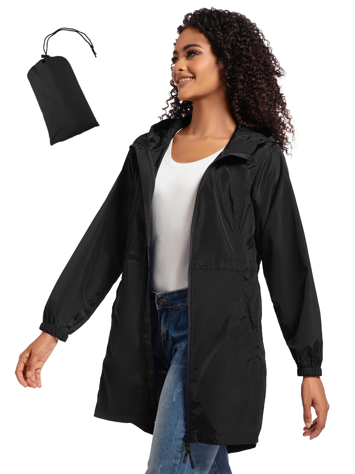 SaphiRose Women's Long Packable Raincoat Waterproof Rain Jacket Lightweight Outdoor Windbreaker with Hood