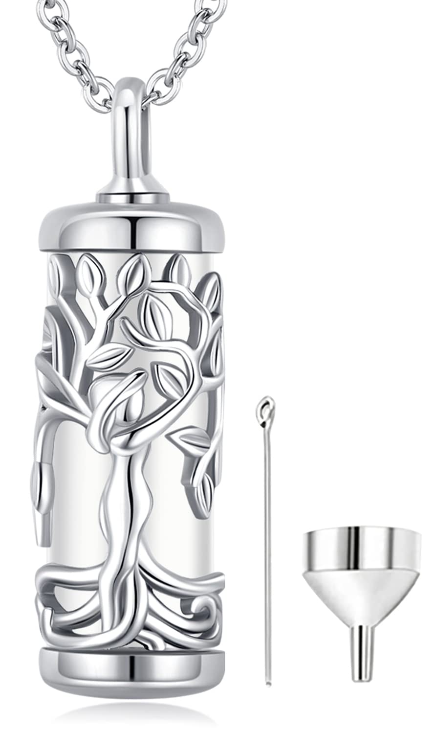 Friggem Urn Necklaces for Ashes 925 Sterling Silver Memorial Tree of Life / Cat Ash Urn Pendant Keepsake Cremation Jewellery for Women Girls Cat Dog, Sterling Silver