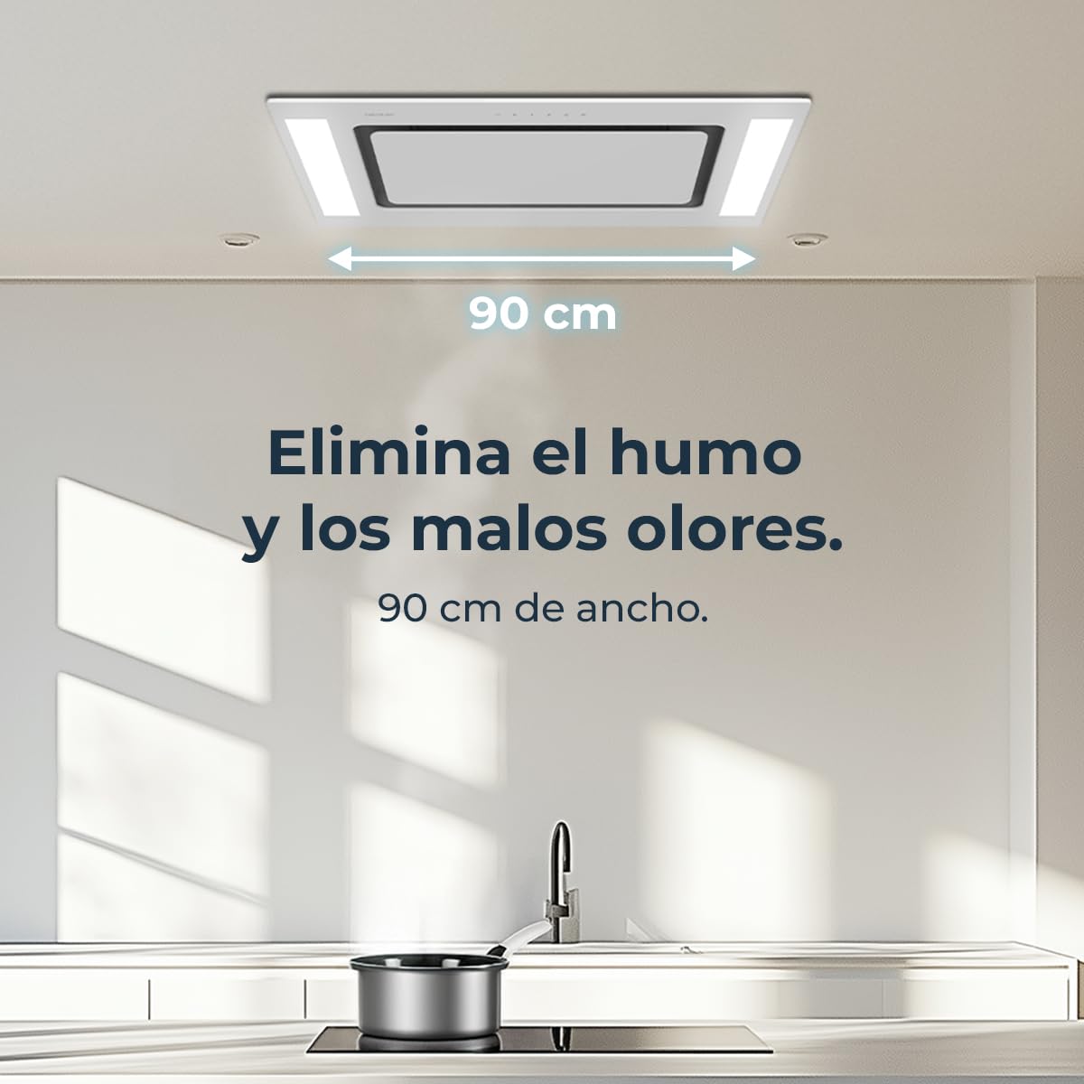 Cecotec Hotte Aspirante 90cm Plafond Intégrable Bolero Flux Tir 908000 Glass White A++. Finition Verre Blanc, Aspiration 800M3/H, Télécommande, Filtre Charbon, Booster