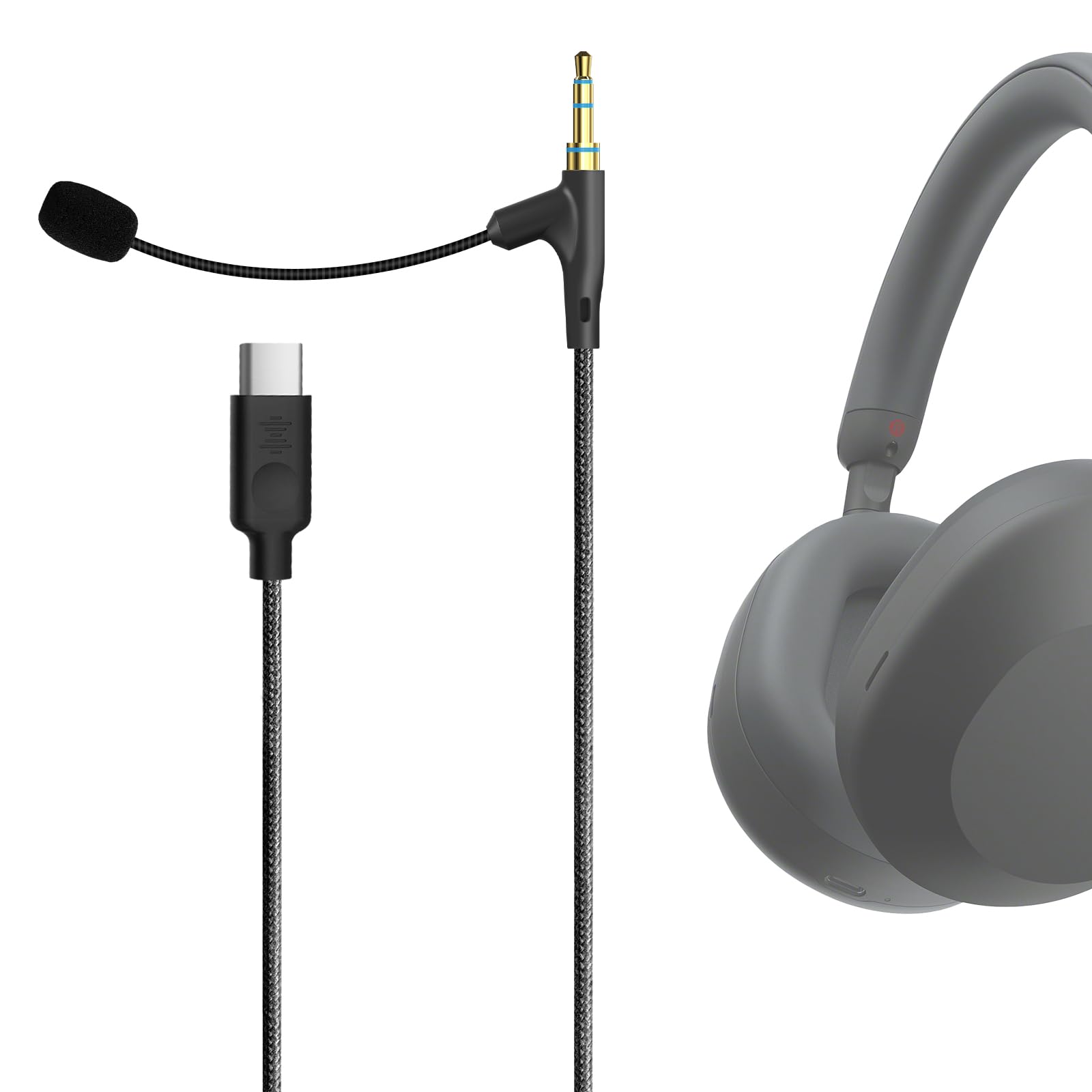 Geekria Boom Mic Headphones Cable Compatible with Sony WH-1000XM5, Skullcandy Crusher ANC 2, Beats Solo 4, USB C Jack Replacement Cord with Boom Microphone for Gaming & Meeting (5.6 ft)