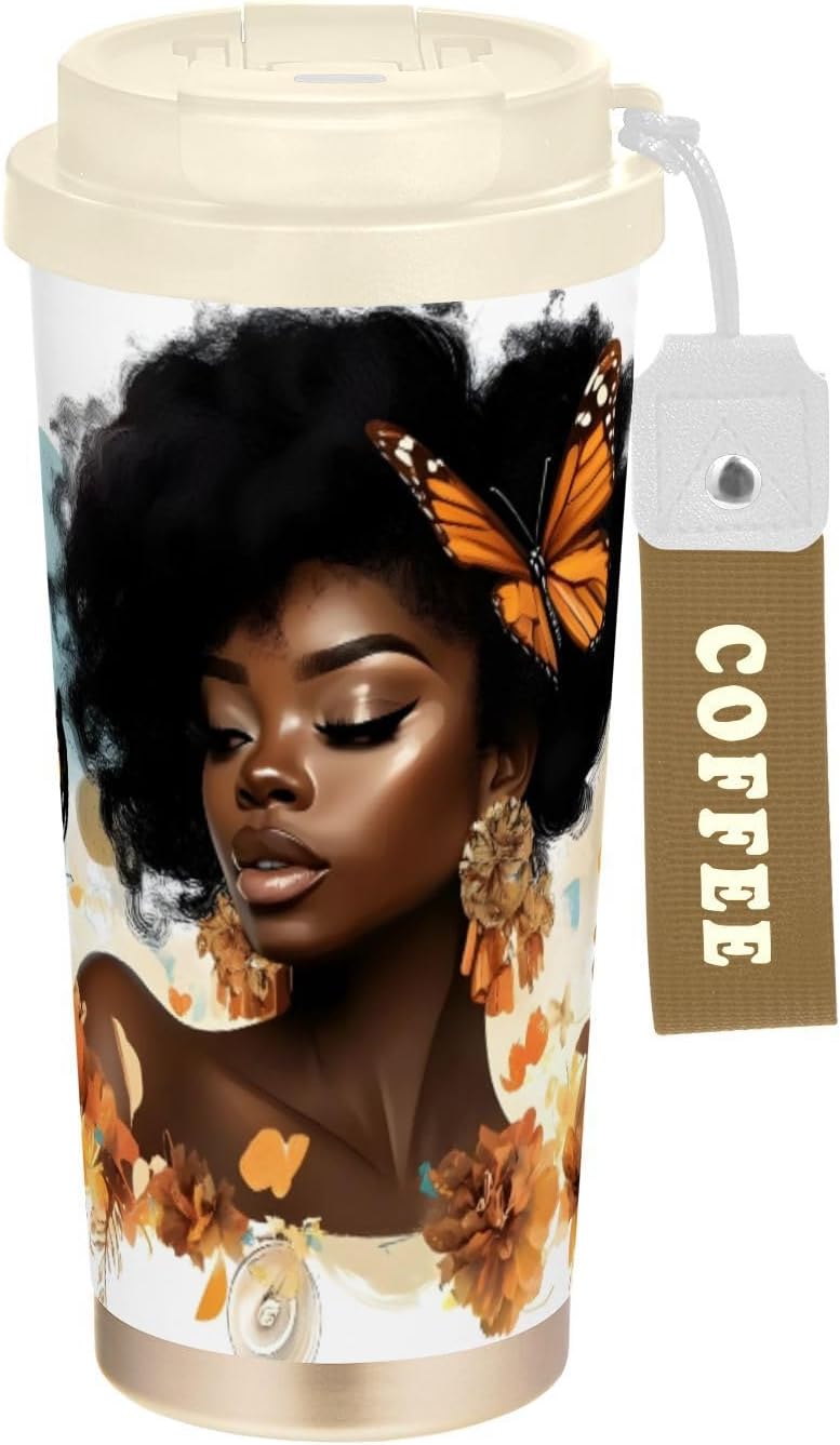 Woman African Butterfly Insulated Coffee Mug with Straw & Flip Lid, 16.9oz Iced Tumbler Cup, Double Wall Vacuum Leak-Proof Mug for Travel Office