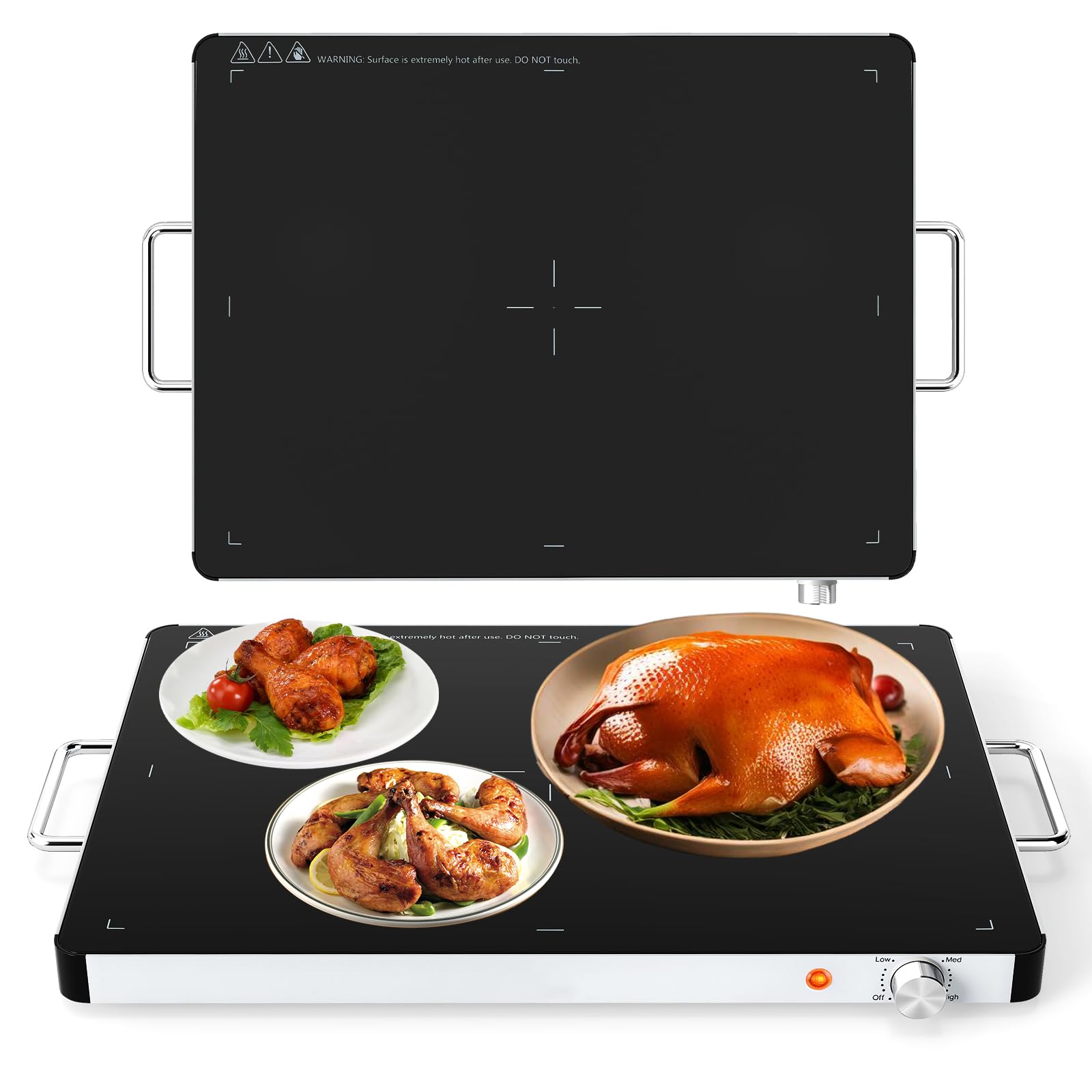 GOPLUS Elektrische Warmhalteplatte, Wärmeplatte mit 30℃-120℃ einstellbare Temperatur, Speisewärmer mit gehärteter Glas & Seitengriffe, Heizplatte Buffetwärmer für Buffets & Partys (L, 61 x 42 x 4 cm)