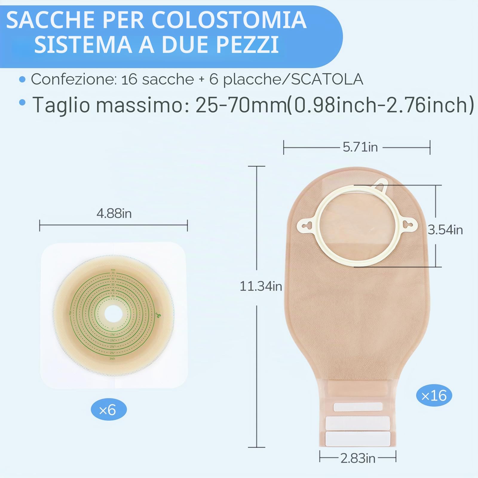 22 Pezzi Di Sacchetti per Colostomia, Sacche per Stomia a 2 Pezzi | 70 Mm Max, 16 Sacche per Stomia + 6 Barriere Cutanee, Sacchetti Drenanti a Due Pezzi Con Chiusura per La Cura Dello Stoma