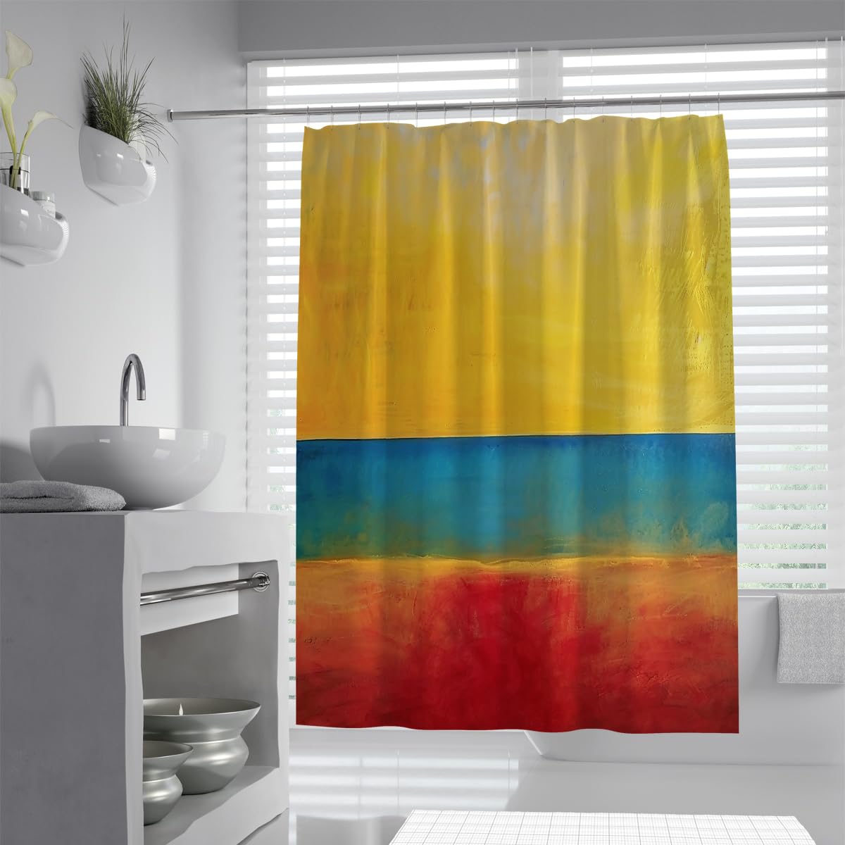 Rideaux de Douche Abstraits Jaune, Bleu-Rouge, Rideaux de Salle de Bain Vintage Modernes en Couleur avec Crochets en Forme de C, Polyester à séchage Rapide imperméable 180 x 180 cm