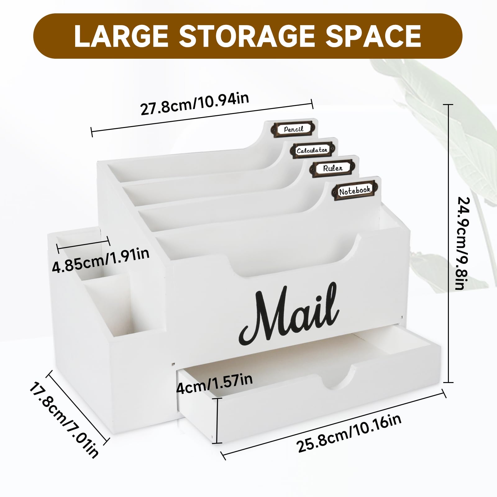 Organizzatore di Posta da Scrivania in Legno con 6 scomparti e cassetto, Organizzatore per Cartelle di Carta e Lettere, Organizer per Cartelle per Scrivania per Lettere Cancelleria, Bianco