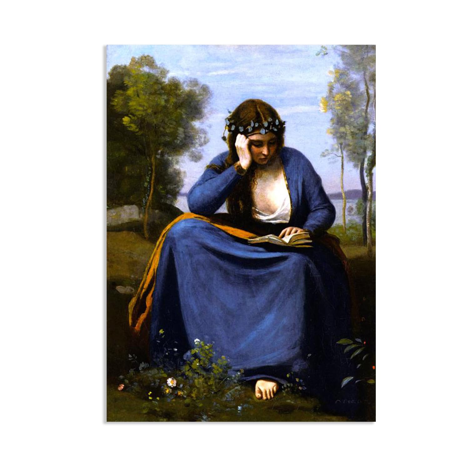 Hau3sh3a Jean Baptiste Camille Corot Wall Art Woman Crowned with Flowers Reading Famous Nature Painting Print Giclee Canvas Wall Decor for Living Room Bedroom Office Home Decor85x60cm(33x24in) Poster