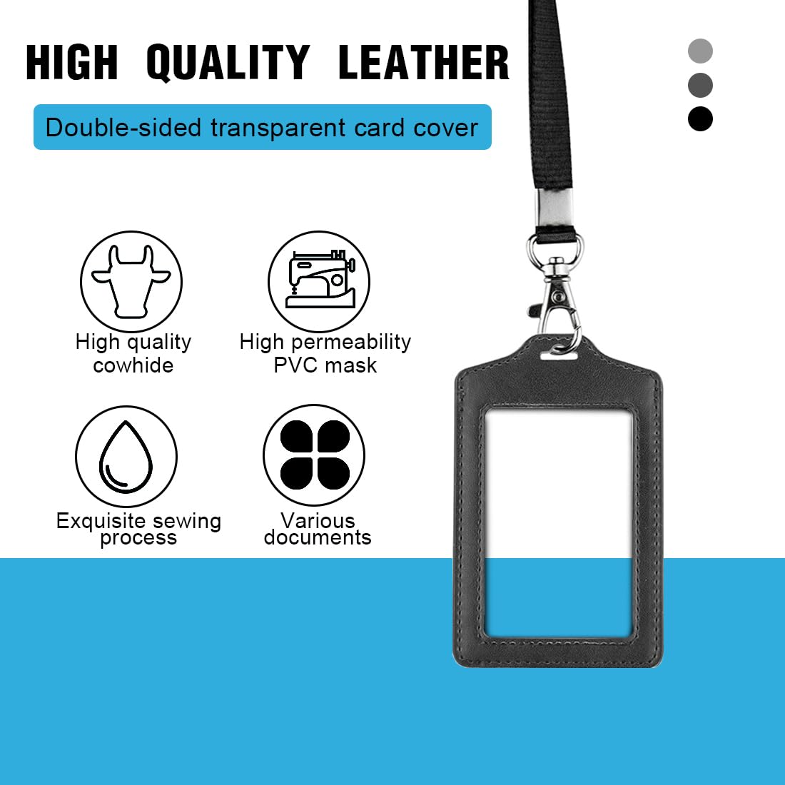 Card Holder with Lanyard, Genuine Leather ID Badge Holder, 2-Sided PU Leather ID Badge Holder - Image 3