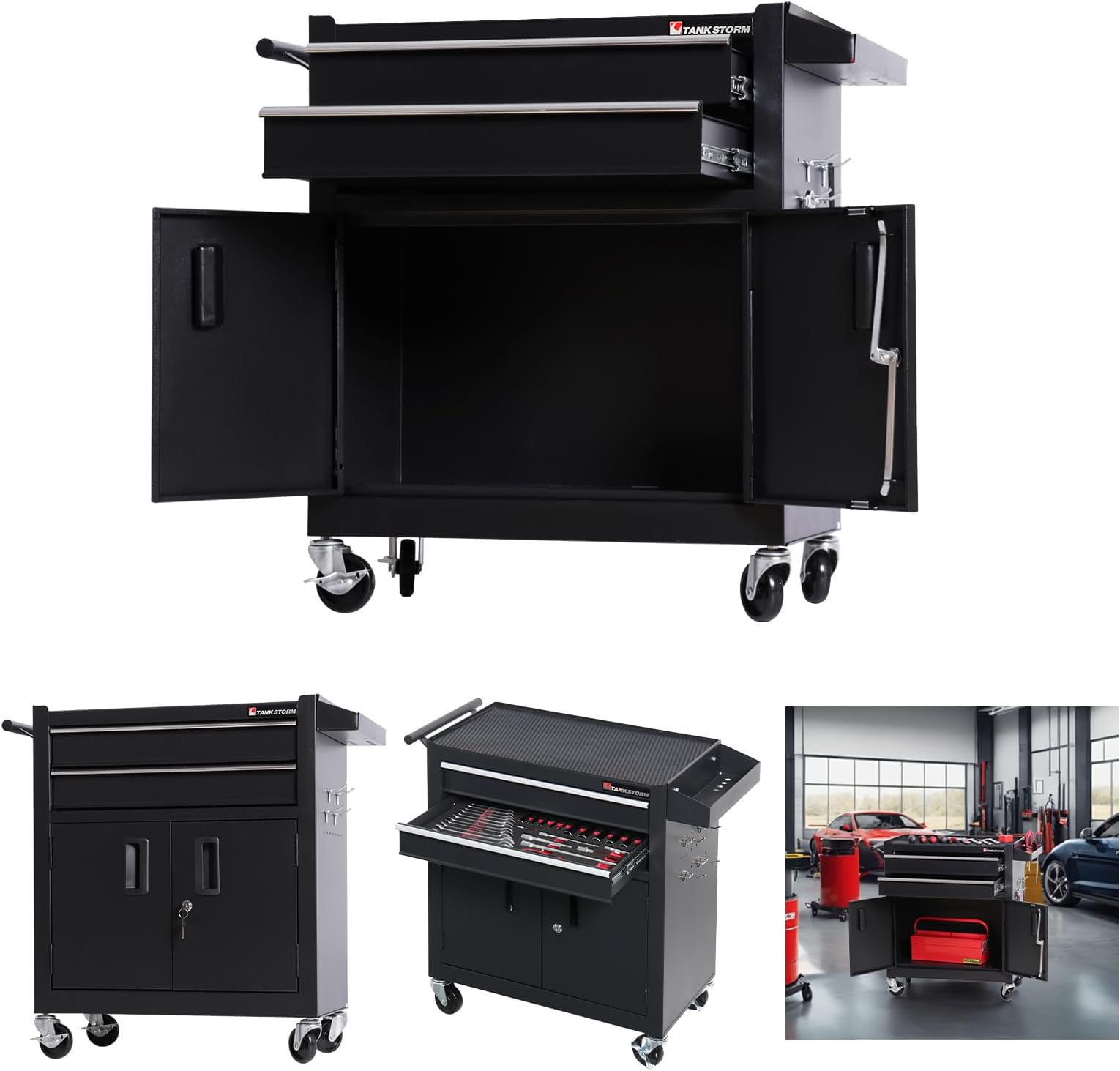 Tool Chest Heavy Duty Cart Steel Rolling Tool Box with Lockable Doors (TZ12 Black)