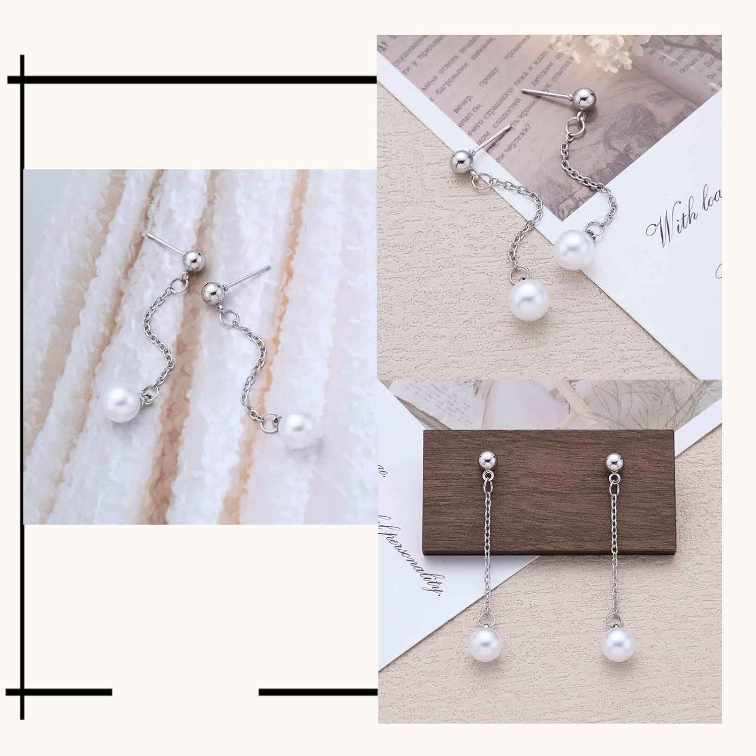 Vintage Long Chain Pearl Earrings Wedding Pearl Drop Earrings Small Round Single Pearls Dangle Earring Minimalist Long Tassel Tiny Ball Bead Studs Earring Jewelry for Women - Image 5