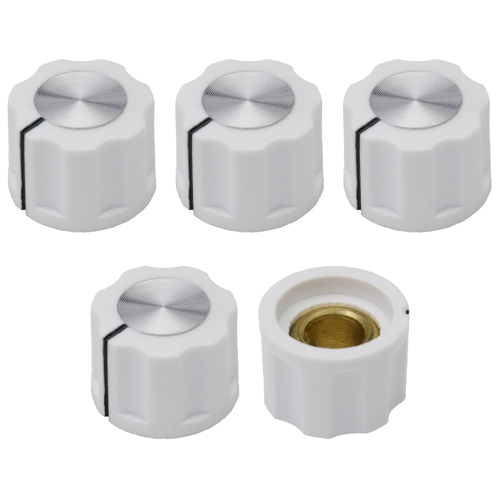 6.4mm Round Hole Small Fluted Silver Cap Retro Style Amplifier/Instrument Control Knob Pack of 5 (White)