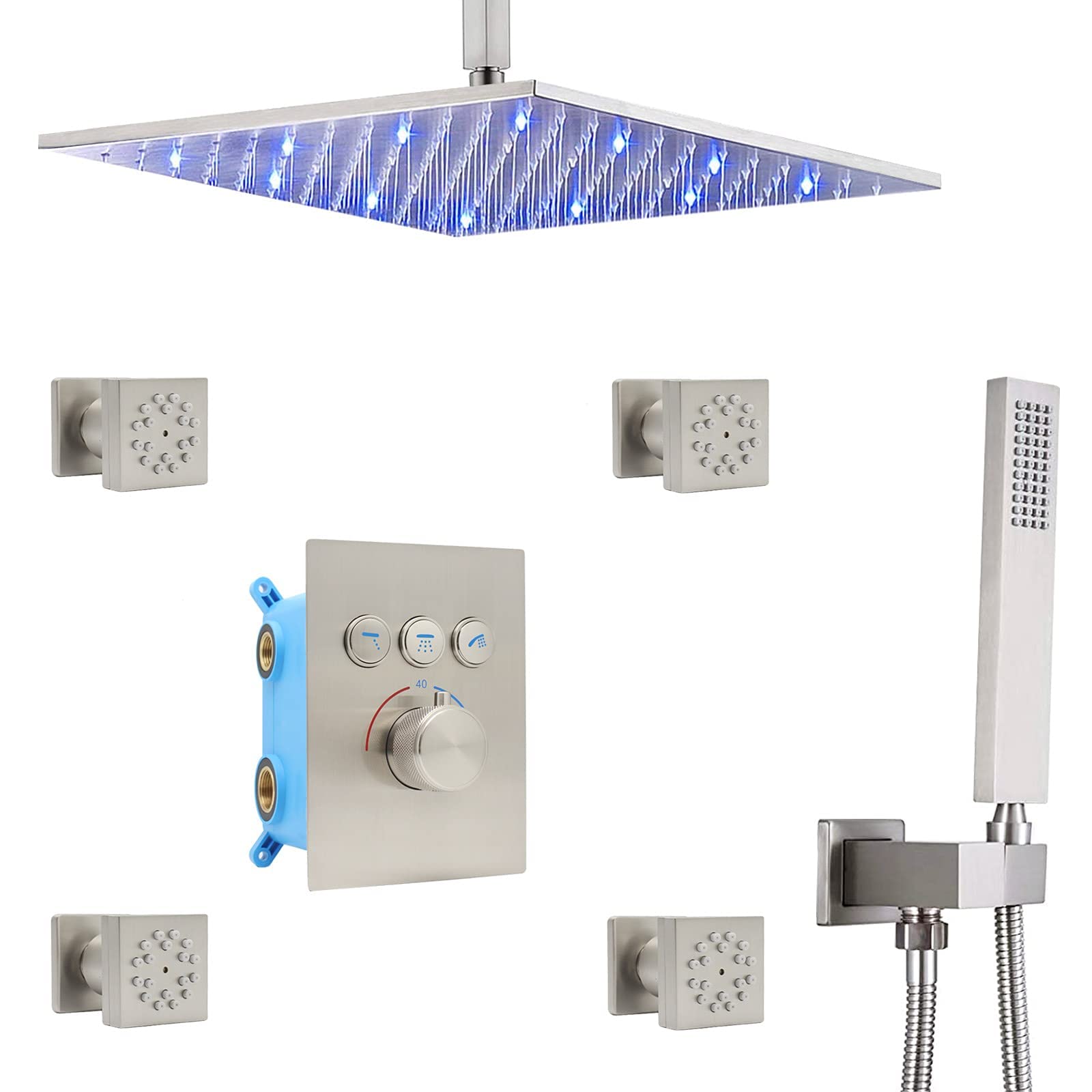 Rubinetti, Rubinetto/Secchiello, Set di rubinetti per doccia a LED, Set combinato doccia a incasso, Set combinato miscelatore pioggia con soffione doccia a pioggia da 12 pollici montato a soffitto, D