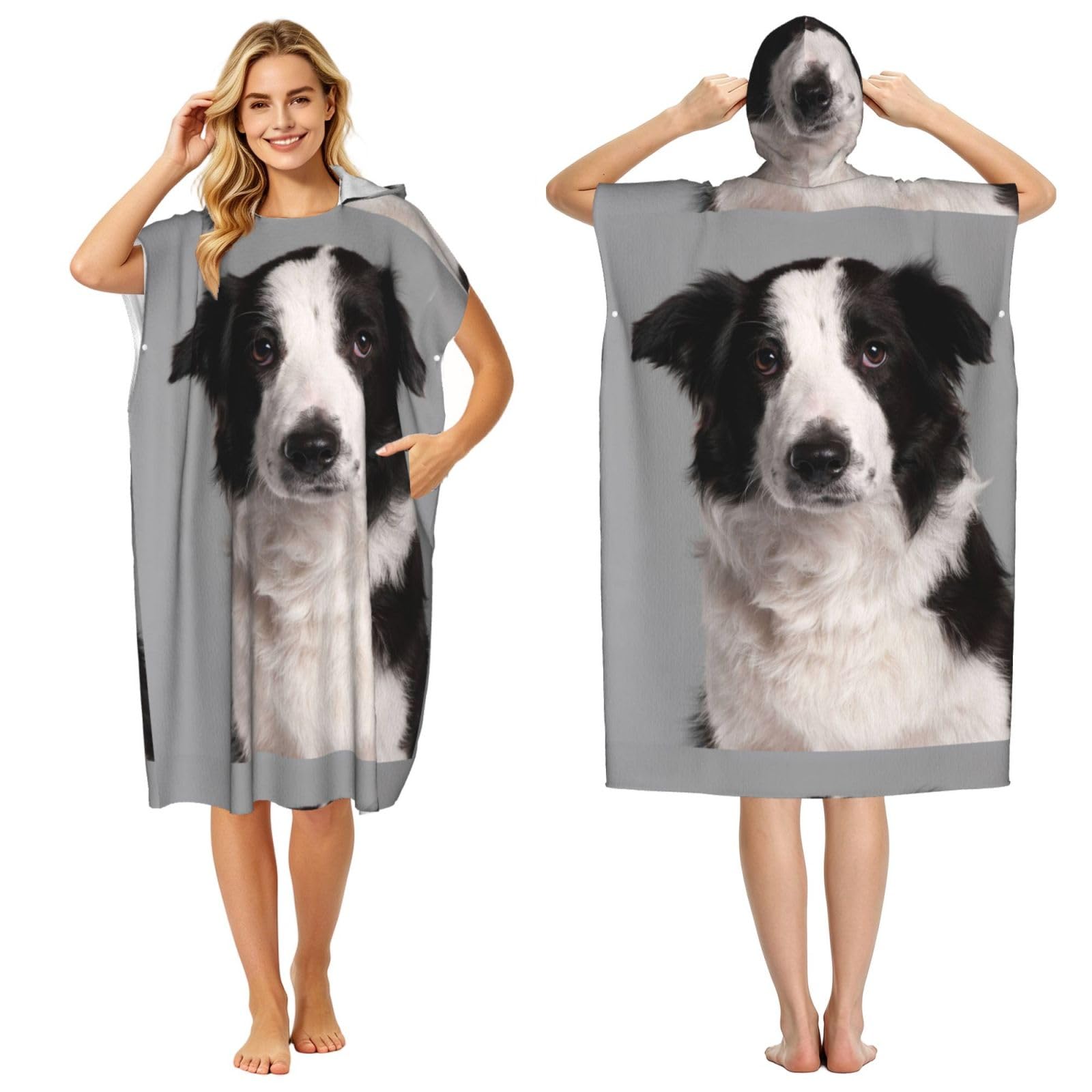 Poadnly Border Collie, Adult Hooded Beach Towel 90 x 110 cm,Changing Bath Robe, Surf Poncho Towel For Women Men