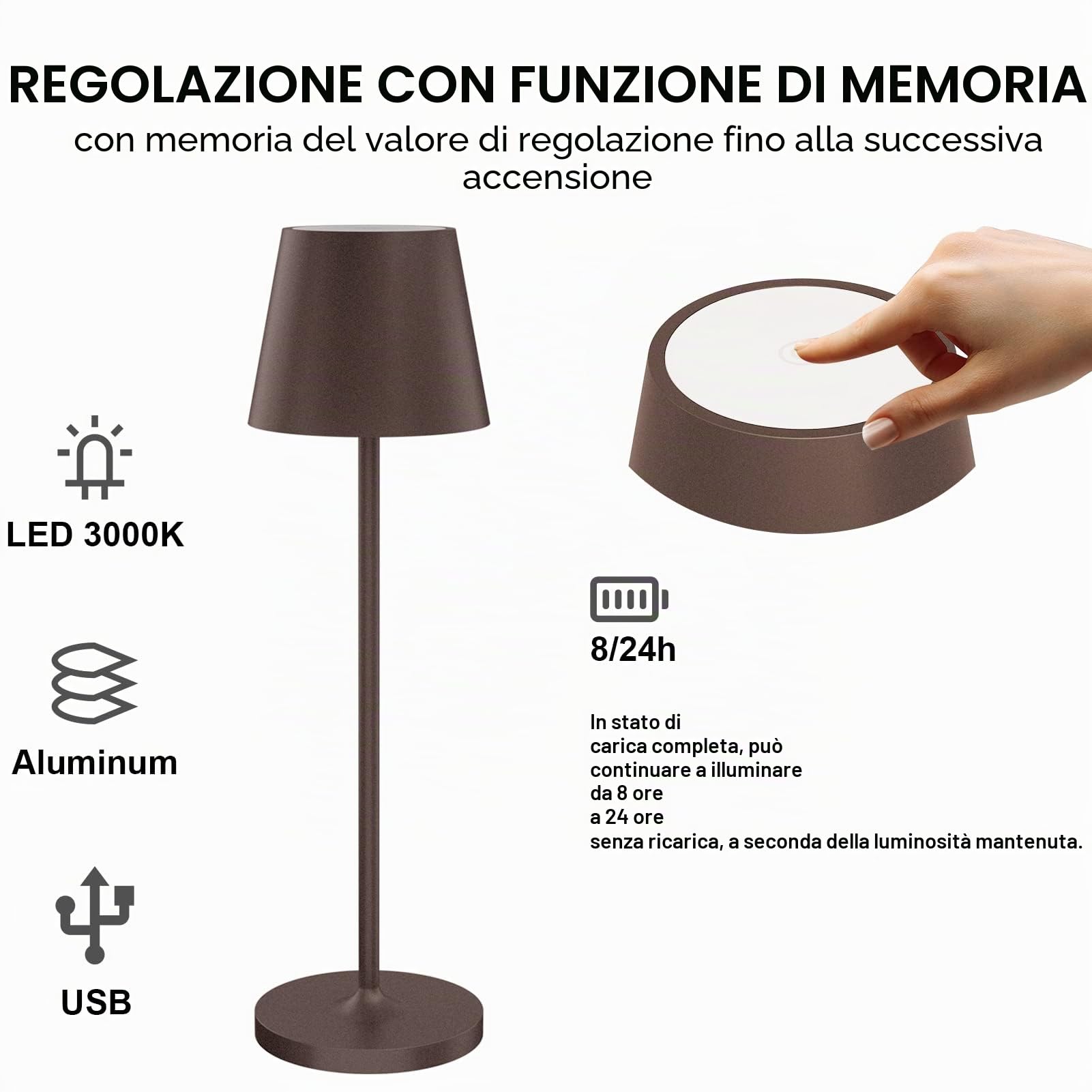 Klighten 2 Pezzi LED Lampada Dimmerabile da tavolo senza fil, Ricaricabile Lampada da Scrivania Interni/Esterni in Alluminio con Base di Ricarica Contatt, Colore Ruggine, Luce calda 3000K, IP54