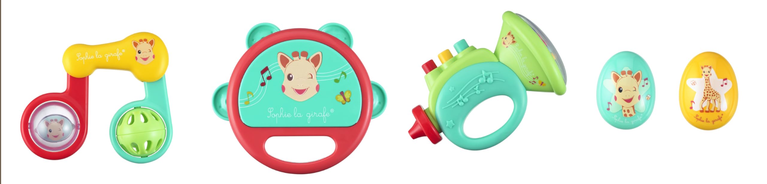 Sophie la Girafe - Mon Premier Coffret Musical – Jouet d’Éveil Sonore Bébé 6 Mois+ – 4 Instruments Faciles à Saisir – Tambourin, Maracas, Trompette et Hochet – Idée Cadeau Naissance – Fresh Touch