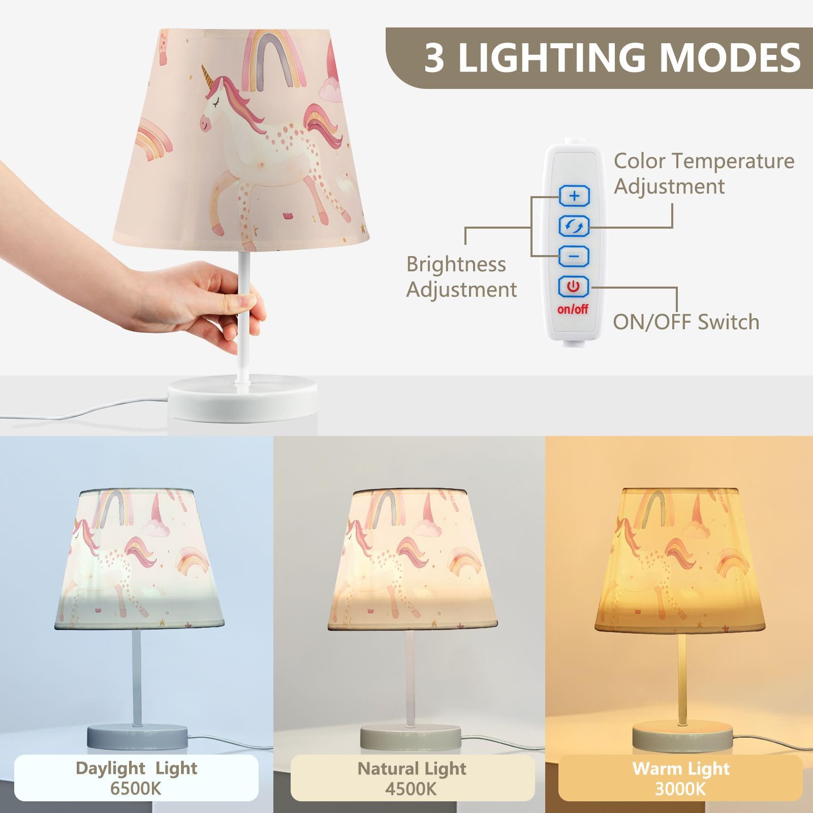 Mnsruu Lampe de chevet licorne arc-en-ciel cheval rose lampe de table ampoules LED lampe de bureau abat-jour en tissu pour chambre à coucher salon taille M