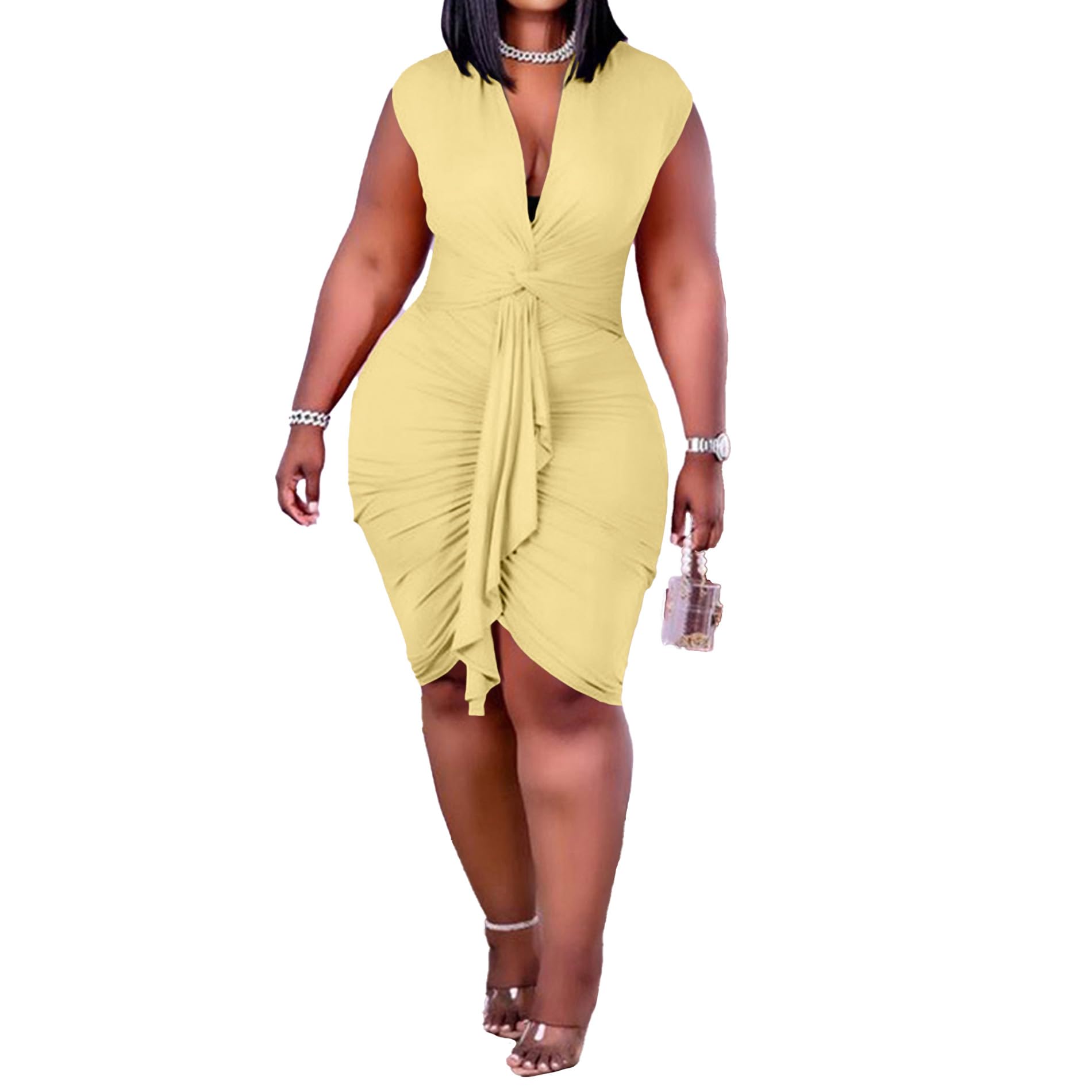 IyMoo Women's Sexy Plus Size Bodycon Drawstring Ruched Mini Club Dress