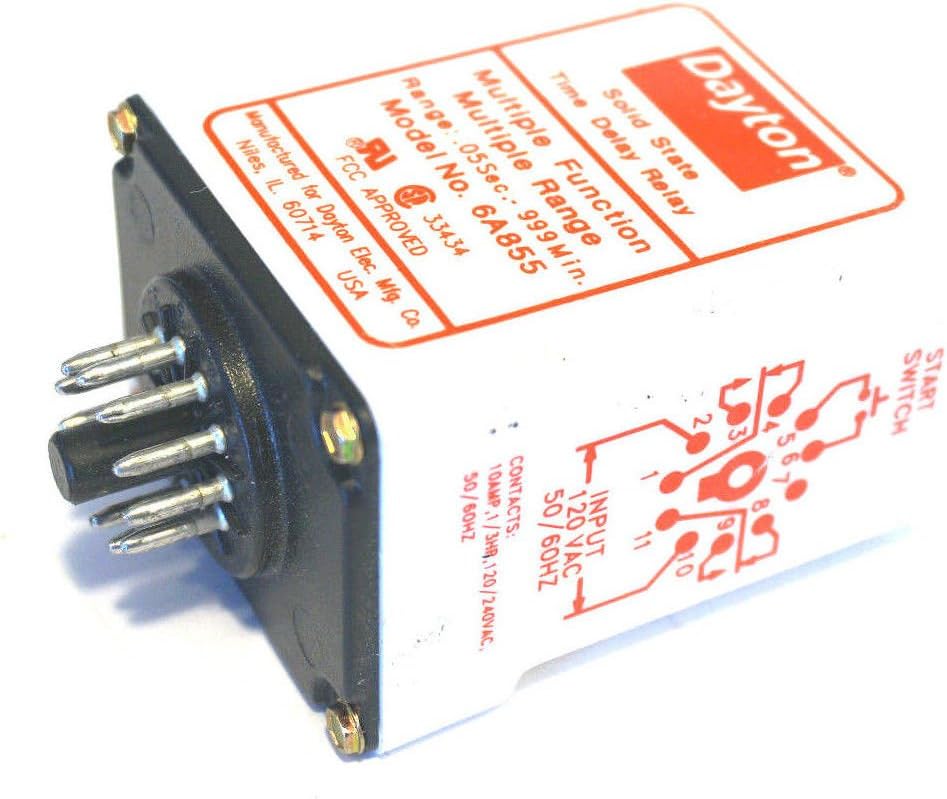 DAYTON 6A855 10 AMP, 11 PIN, 120 VAC, 3 VA Power Consumption, 50/60 HZ, DPDT, Enclosed, IP20 Rating, Multi-Function, Socket Mount, TIME DELAY Relay, TIME Limit Reset