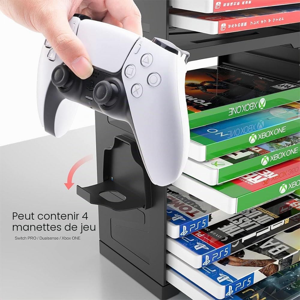 Tour de Stockage de Jeux PS5, Étagère de Rangement pour 24 CD et 4 contrôleurs pour PS5/PS4/XBOX Series X/xbox one/Nintendo switch Disques de Jeu