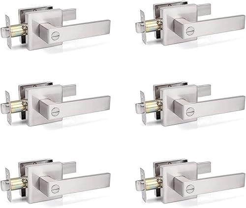Juego de 6 manijas cuadradas de privacidad de níquel satinado para puerta, para zurdos y diestros, contemporáneas, reversibles, sin llave para
