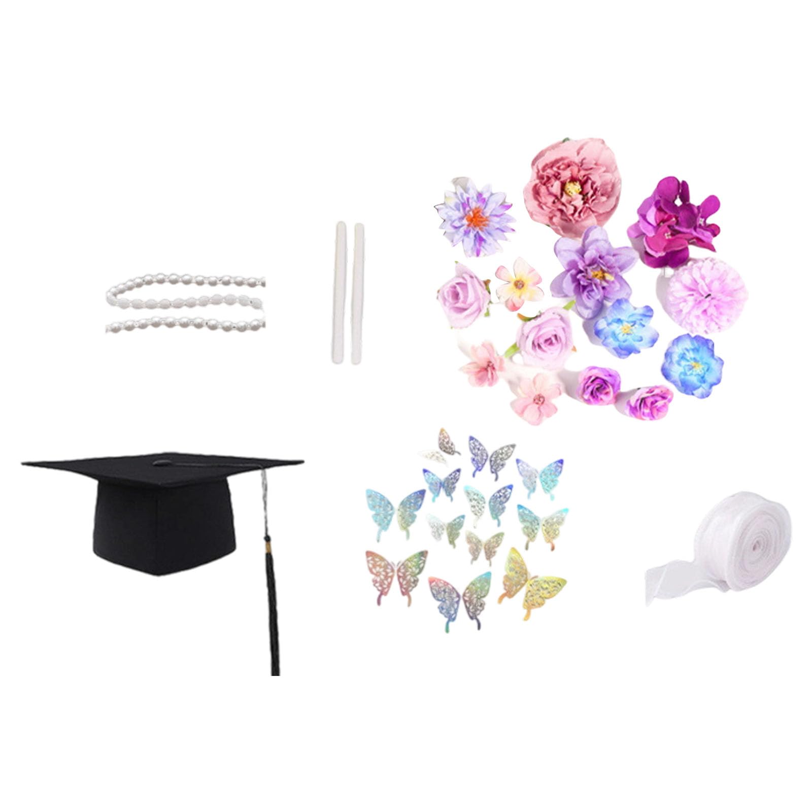 Msioytog Graduation Hat Decorating Supplies with Artificial Flower Pearls Strands Butterfly Sticker Organza Ribbon Graduation Hat Accessories