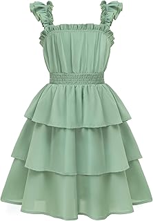 Girls Dresses Ruffle Flutter Sleeve Summer Floral Tiered Casual Party Dress for 6-14 Y - Buy now