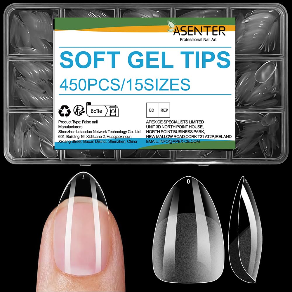 ASENTER Short Almond Nail Tips, 450Pcs Half Matte Soft Gel