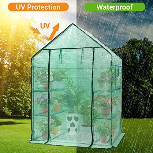 Image of Ohuhu Greenhouse for Outdoors with Mesh Side Windows, 3 Tiers 4 Shelves Small Walk-In Green House Plant Stands Plastic PE Cover Outside Portable Warm House for Seedling Flowers Growing, 4.8x2.5x6.4 FT