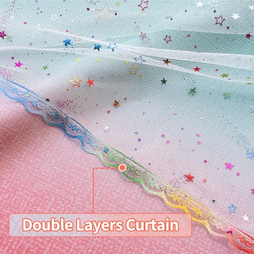 Image of 52x45 2-in-1 Double-Layer Kids & Girls Unicorn Princess Ombre Blackout Curtains with Foil Print Sheer, 2 Panels Set - Purple Green Pink