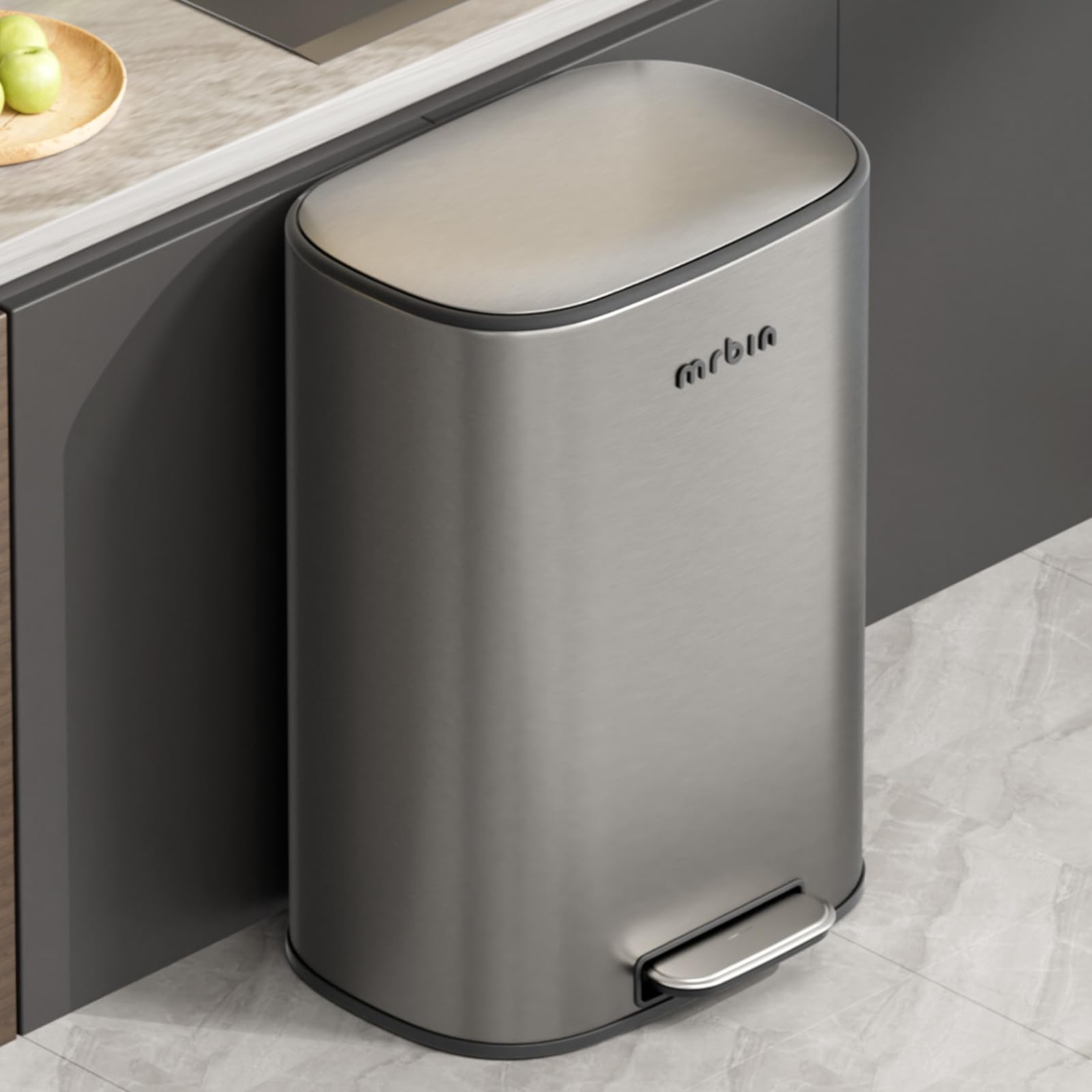 MRBIN Stainless Steel Kitchen Trash Can, Commercial Step Garbage bin with Soft Close Lid, 50 Liter / 13 Gallon Waste Basket Fingerprint-Proof Brushed Eclipse-Grey