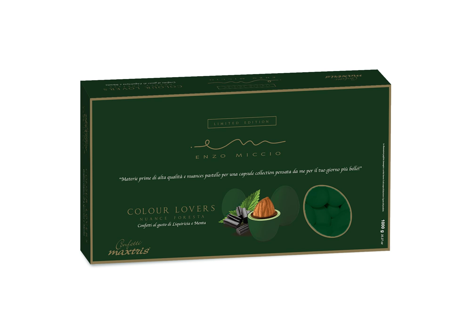 Confetti Maxtris "Enzo Miccio" Ciocomandorla gusto Liquirizia e Menta nuance Foresta, scatola 1 kg