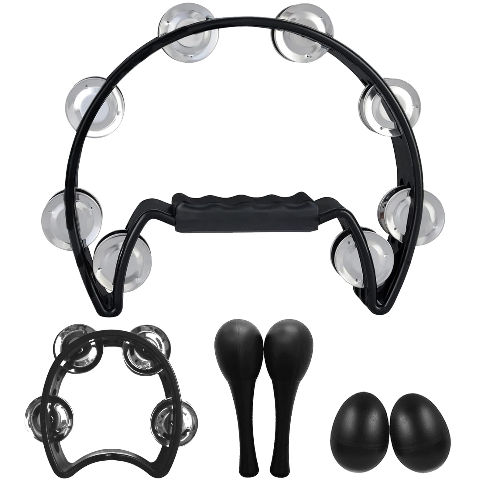 SCHONA Tambourine Metal Jingles Hand Held Percussion, Half-Moon Musical Tambourine and Egg Shakers, with Ergonomic Handle Grip for Adults Kids Party, KTV, Events, Church (black)