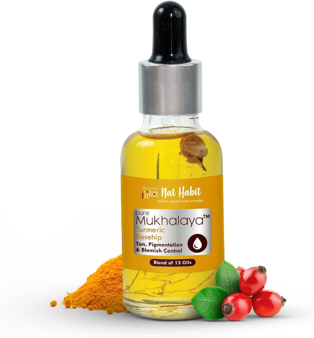 - Turmeric Rosehip Mukhalaya Face Oil For Tan, Pigmentation & Blemish Control, with Blend of 13 Cold Pressed Oils, For Natural Face Care, No Mineral Oil or Chemical (30ml)