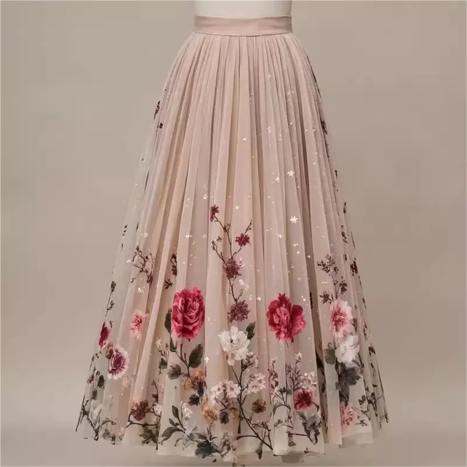Gonna Ampia da Donna in Rete con Stampa Floreale, a Trapezio, a Vita Alta, di Media Lunghezza per Donna
