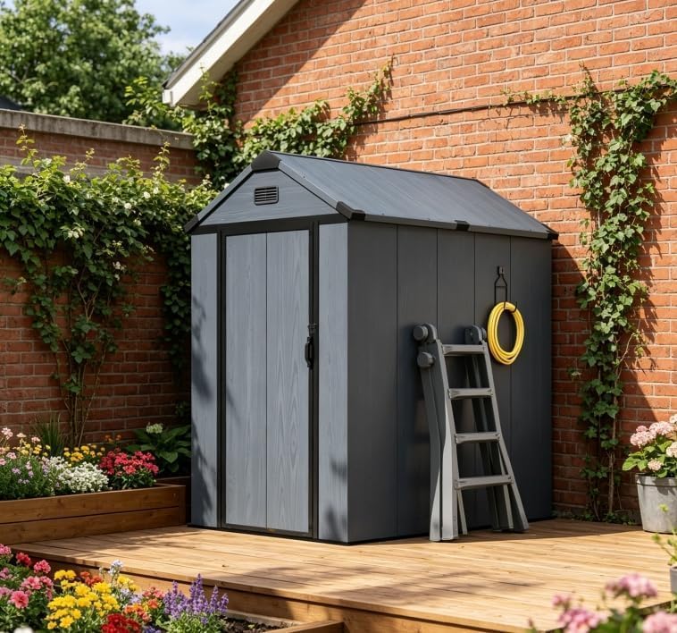Aoxun 4×6 FT Weatherproof Resin Outdoor Storage Shed, Plastic Tool Shed with Reinforced Base, Lockable Door, Window and Vent for Garden, Patio & Backyard, Dark Gray
