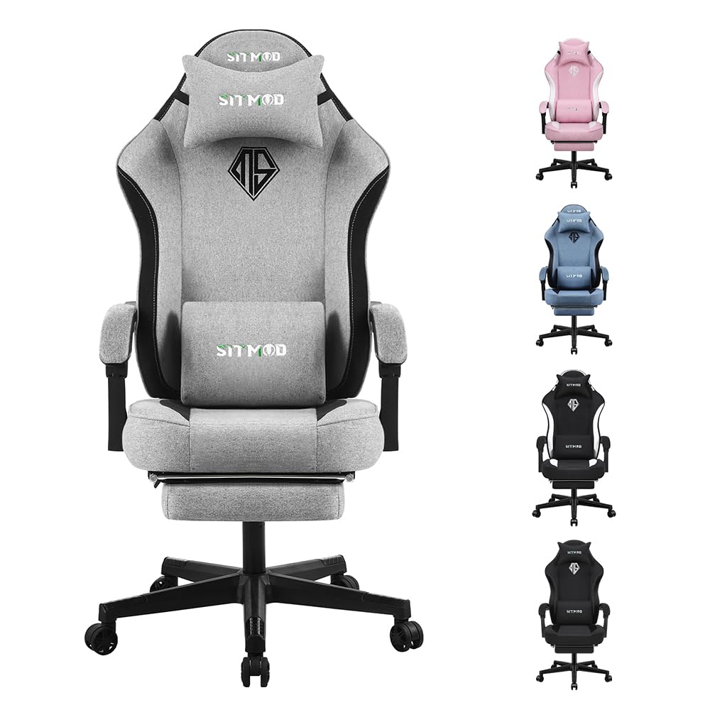 SITMOD Sedia da gioco,con poggiapiedi, sedia per PC con poggiatesta e cuscino lombare, girevole a 360 gradi, in tessuto regolabile in altezza(GRIGIO)