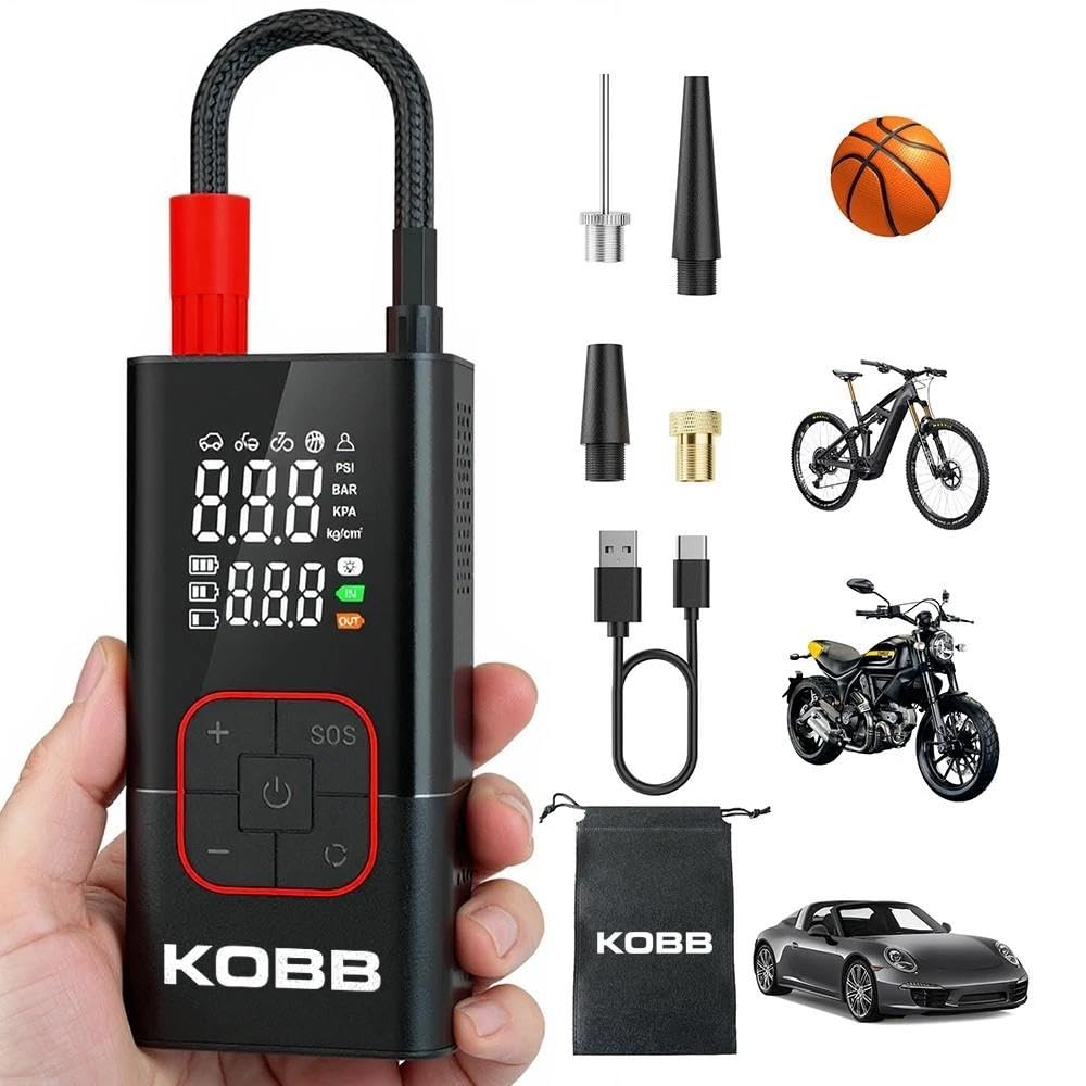 KOBB KB412 Şarjlı Dijital Lastik Şişirme Pompası, 150 PSI, Powerbank, LED Lamba, Li-ion, 1800mAh, 13x6.5x5 cm