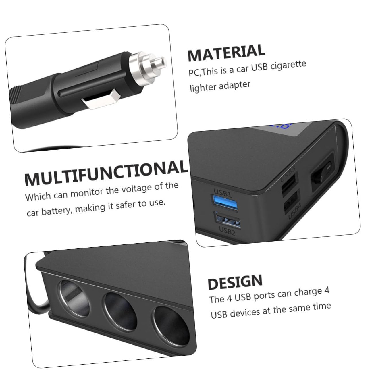 Gadpiparty Adattatore Splitter Caricabatteria da Auto 180w, 4 Porte Usb, Presa Accendisigari Interruttore Indipendente per Ricarica in Auto