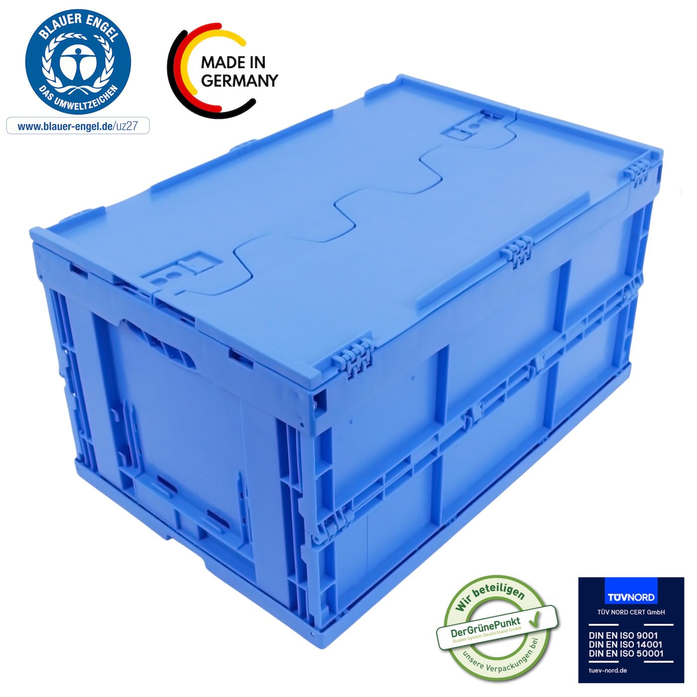Caja plegable con tapa, resistente y grande 60L, contenedor de transporte, caja de almacenamiento para compras, Fabricada en Alemania, Etiqueta Ecológica, 60x40x33 cm, azul | Estabilidad probada por TÜV. Fabricado en Alemania