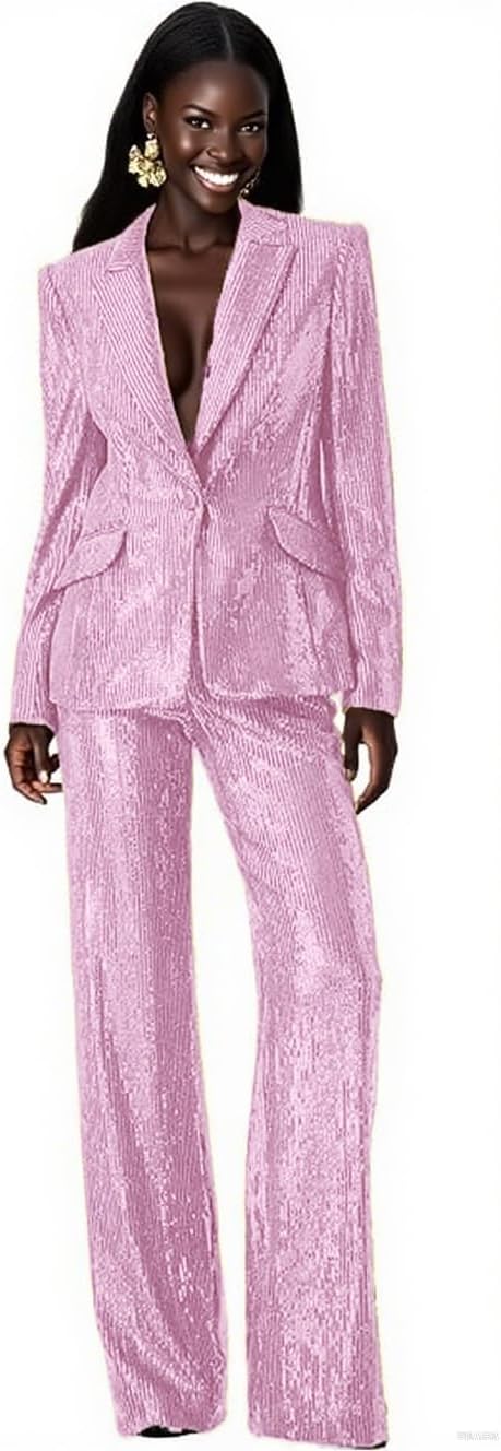Sequins Womens Suits Blazer 2 Piece Outfits Wedding Business Pants Sets Party Fall Clothes