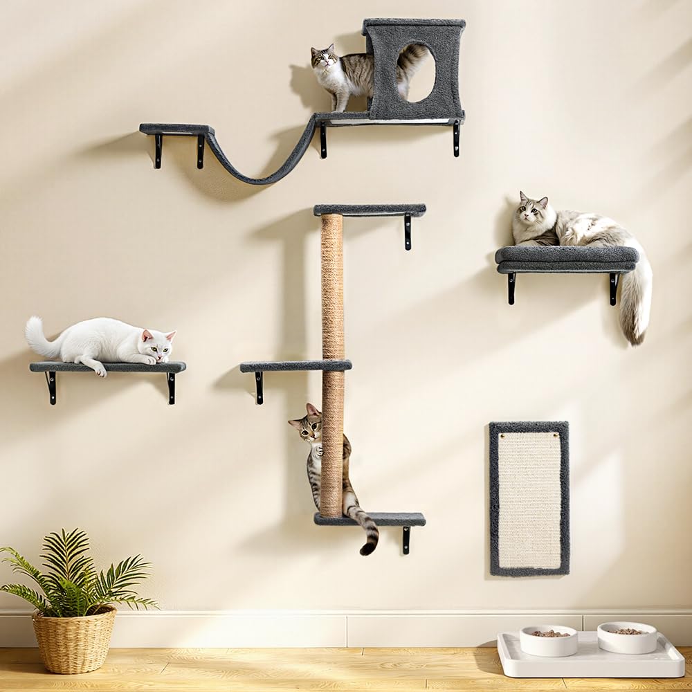PawGiant Estantes 5 en 1 para gatos, juego de muebles de pared de madera para escalar gatos, con estante montado en la pared, postes rascadores de árbol para gatos y rascador para gatos de interior
