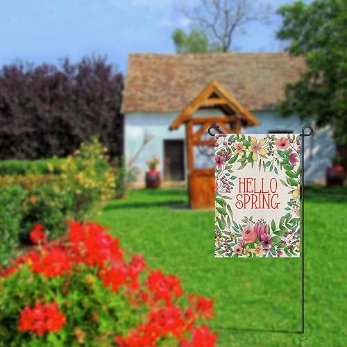 Miniatura 4 de Bandera de jardín floral de Hello Spring de 12 x 18 pulgadas arpillera de doble cara para exteriores decoración de patio de temporada para
