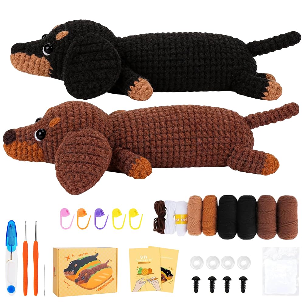 Wxeadu Häkelset für Anfänger, Häkelset Tiere, 2 Stück Dackel Garn Häkelnadel Set, Häkeln für Anfänger, Crochet Set mit Videokurs und Schritt Anleitungen, Stricken für Anfänger Set für Geschenk